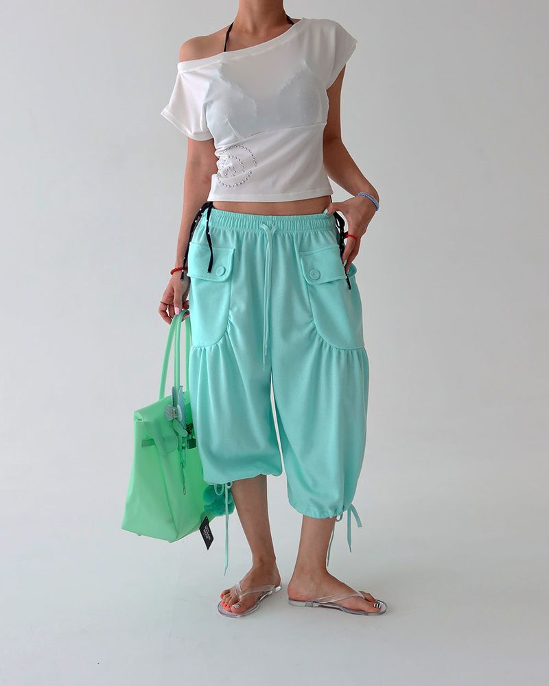 Button Big Pocket Bermuda Harem Capri Pants