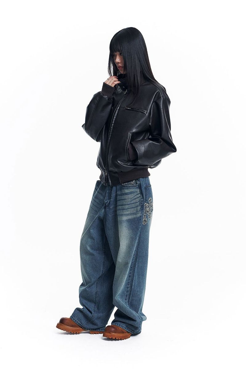 Leopard Cross Patch Roll-Up Denim Pants - Deep Blue