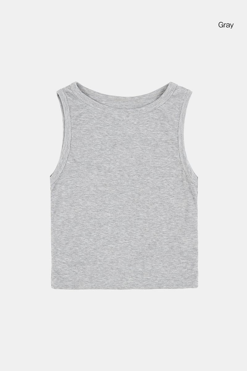 Crew-neck ribbed crop sleeveless top