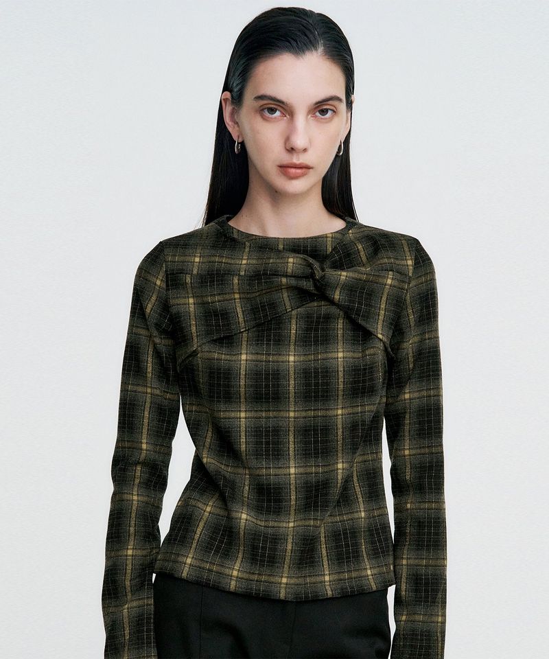 Twisted Check High-neck Top _ KHAKI
