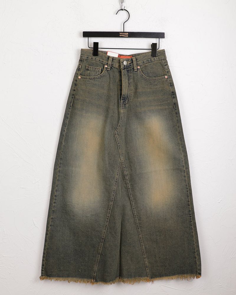Yat Cat Sand Washed Maxi Denim Long Skirt