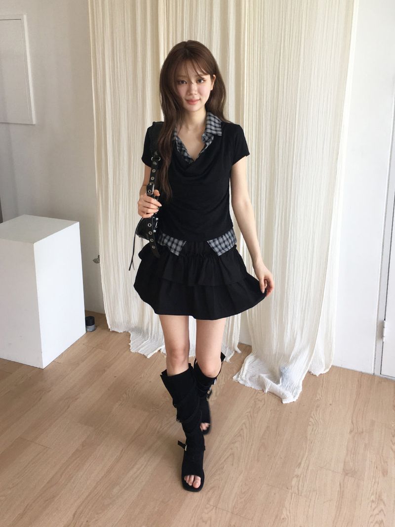Check shirt drape layered T