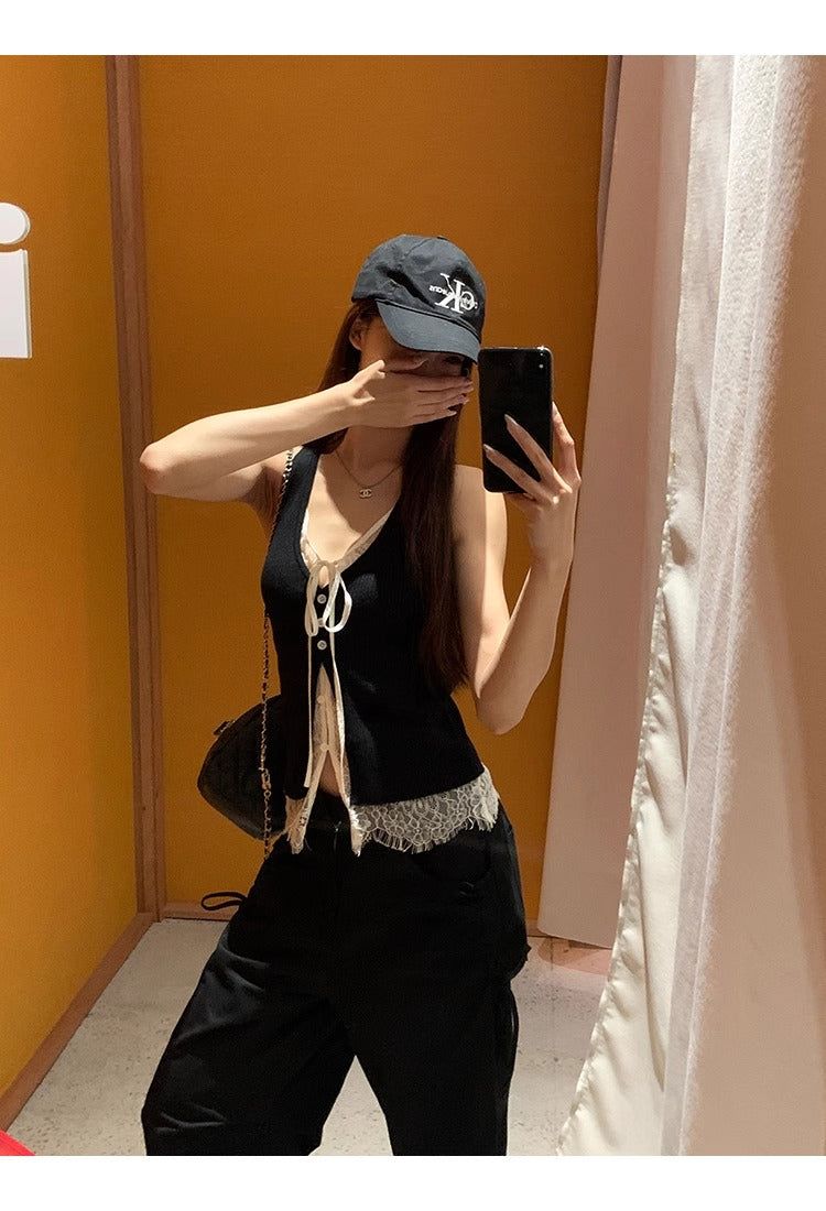 Black Lace Layered Vest Sleeveless Top
