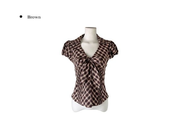 Ession Ribbon Puff V-Neck Check Shirt