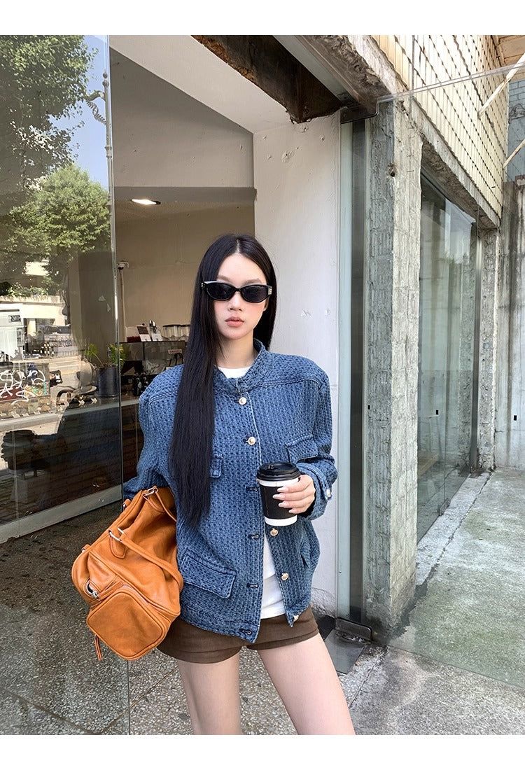 Blue casual gold button denim jacket