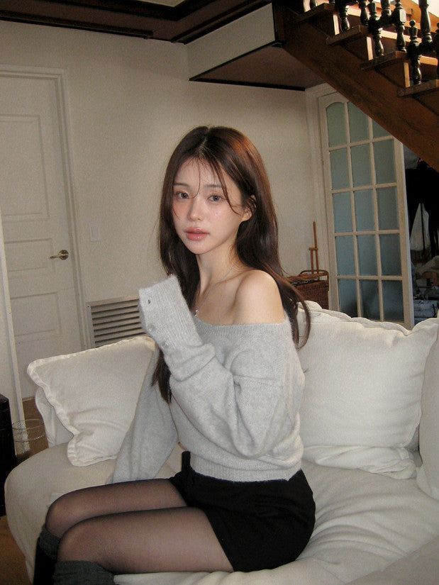 Wool Sleeve Button One Shoulder Knit (4color)