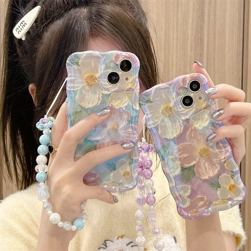 3D Flower Chain Wave Frame iPhone Case with Beaded Wrist Strap
