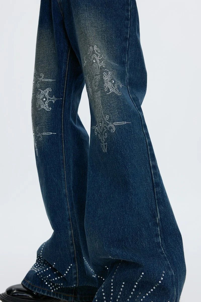 Washed Rhinestone Flare Jeans