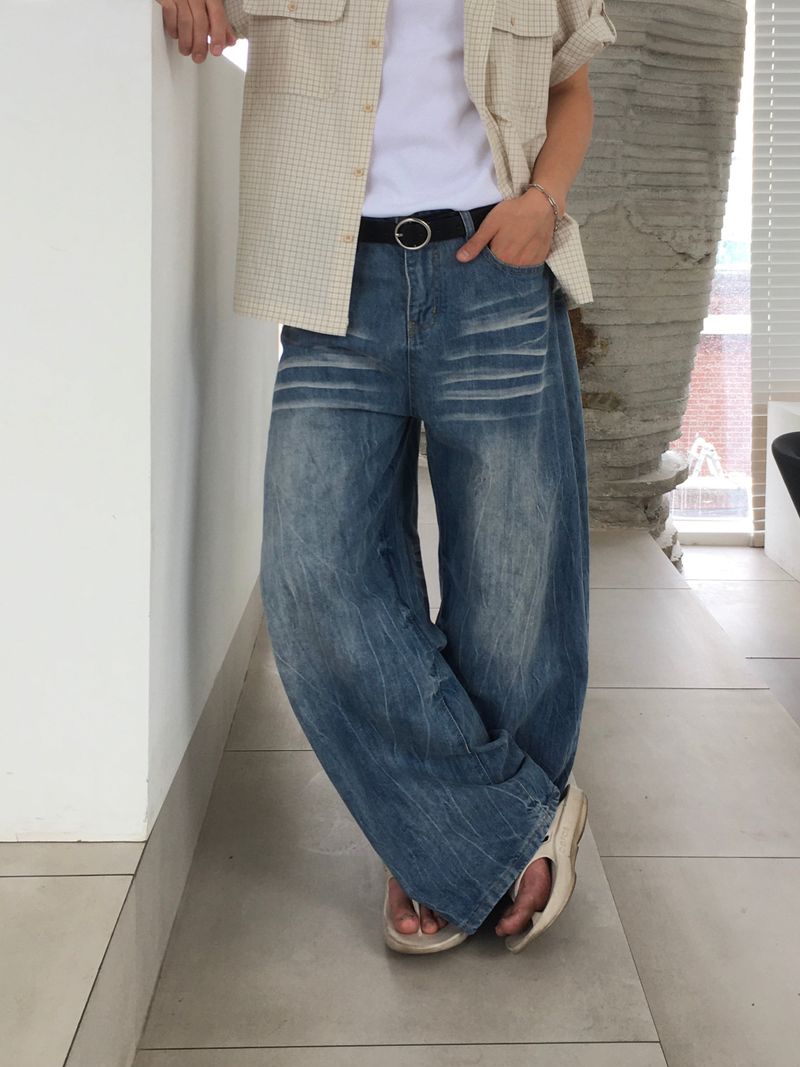 Bleached Crack Wide Denim Pants (Light Blue)
