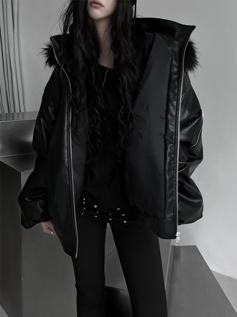 overfit fur hood leather jacket