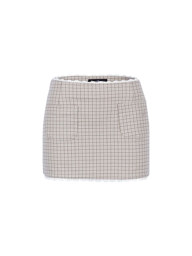 LOW-RISE CHECK LACE MINI SKIRT_Gray