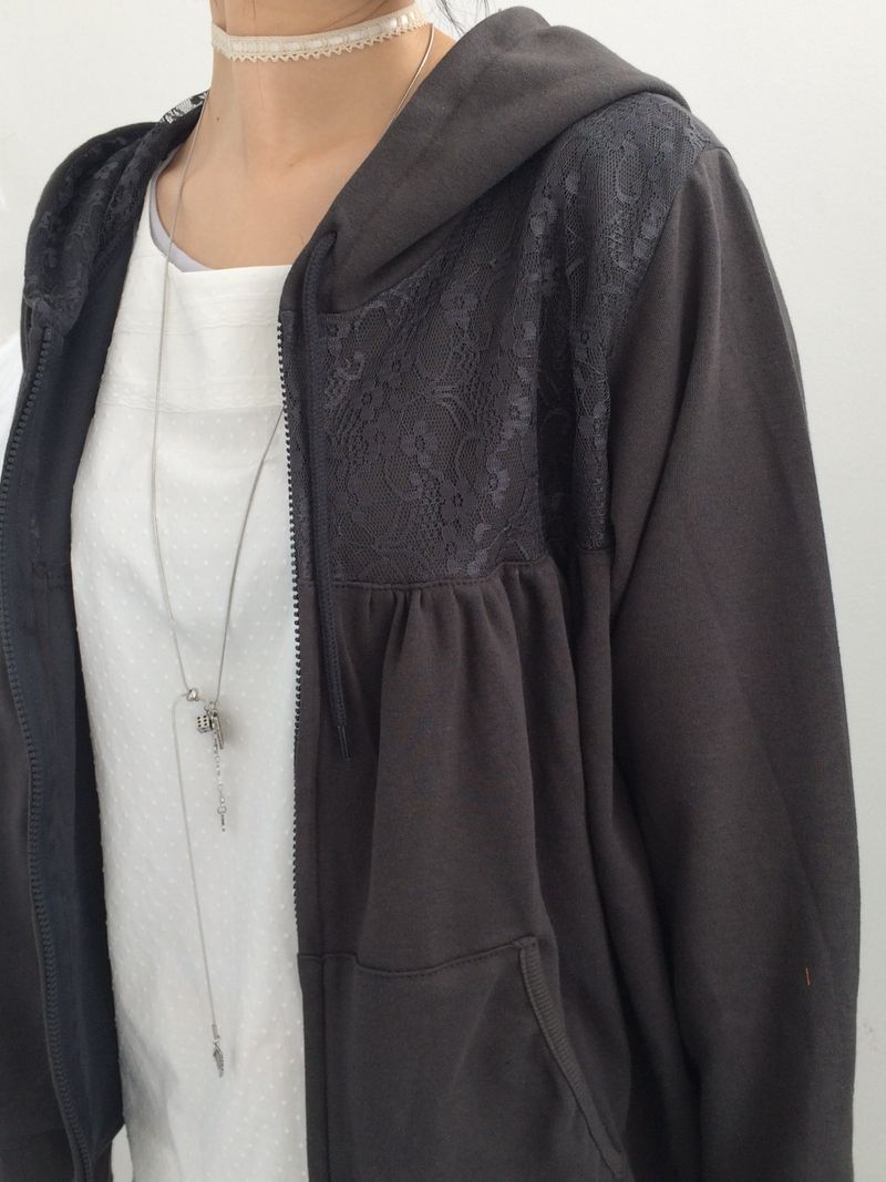 Flower Lace Half-Shirring Hooded Zip-Up
