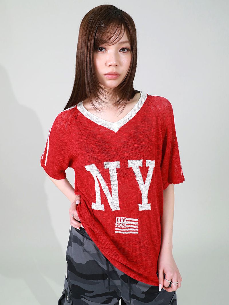 NYXX（エヌワイエックスエックス）の「NY FLAG V-NECK KNIT (RED)（Tops）」