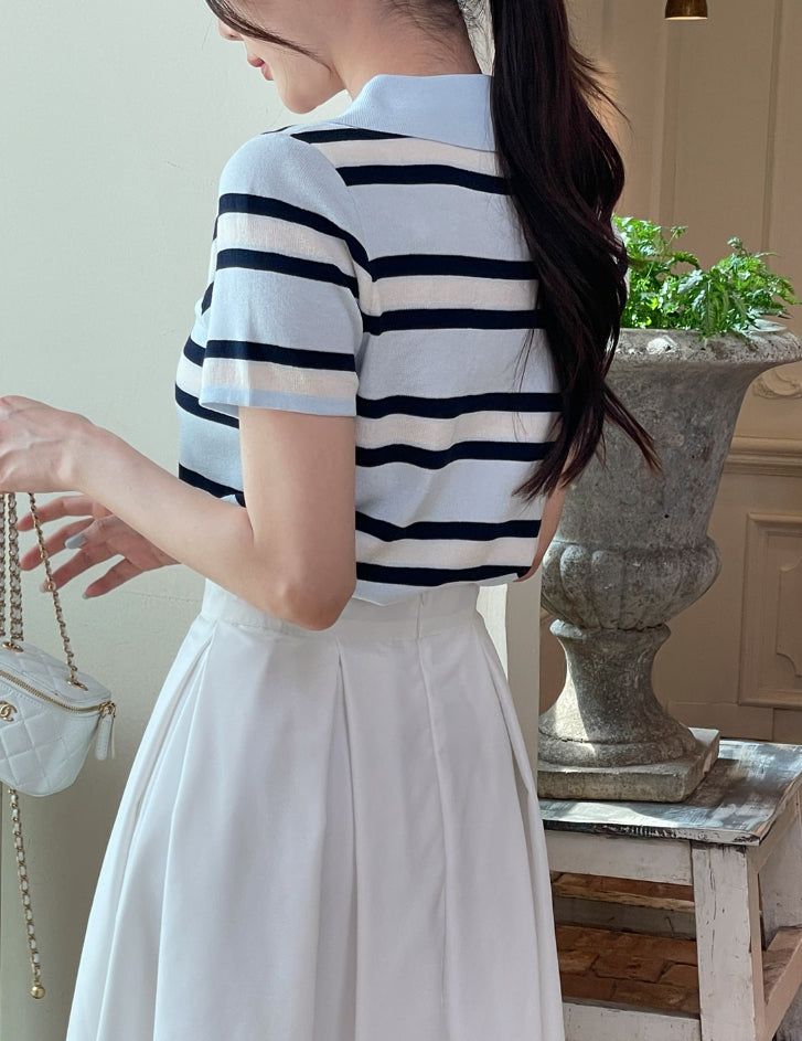Oldin Stripe Collar Short Sleeve Knit