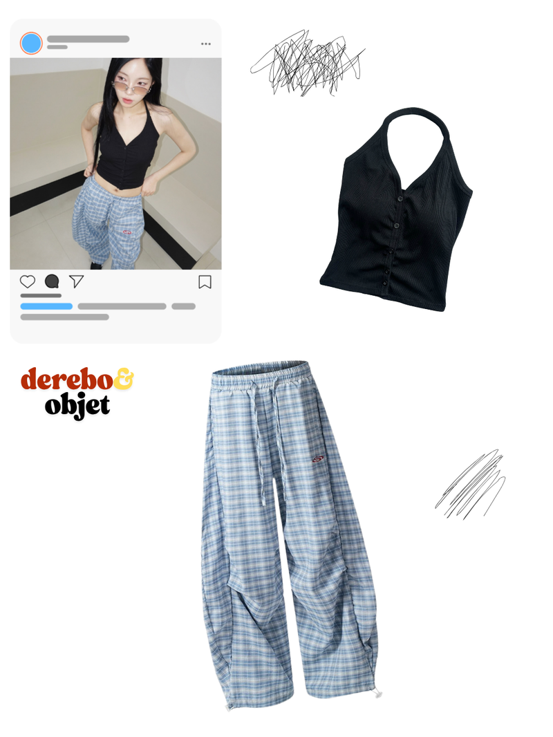 Blue checkered banding wide pants