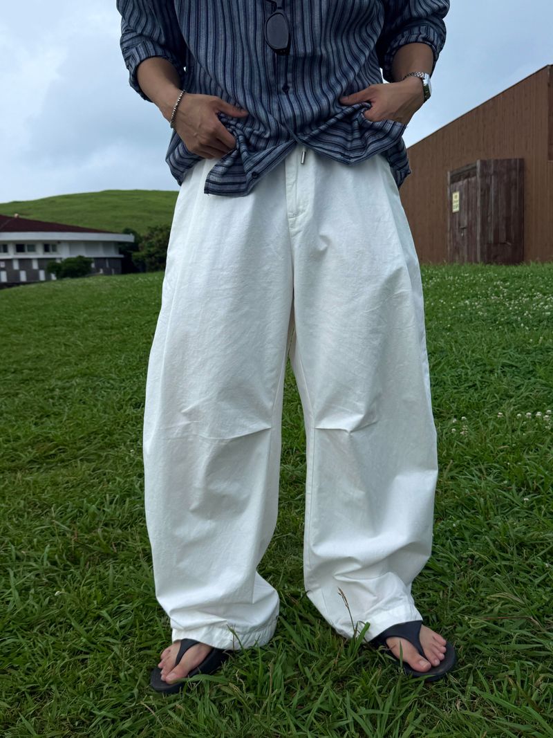 Unbalanced pintuck cotton wide pants
