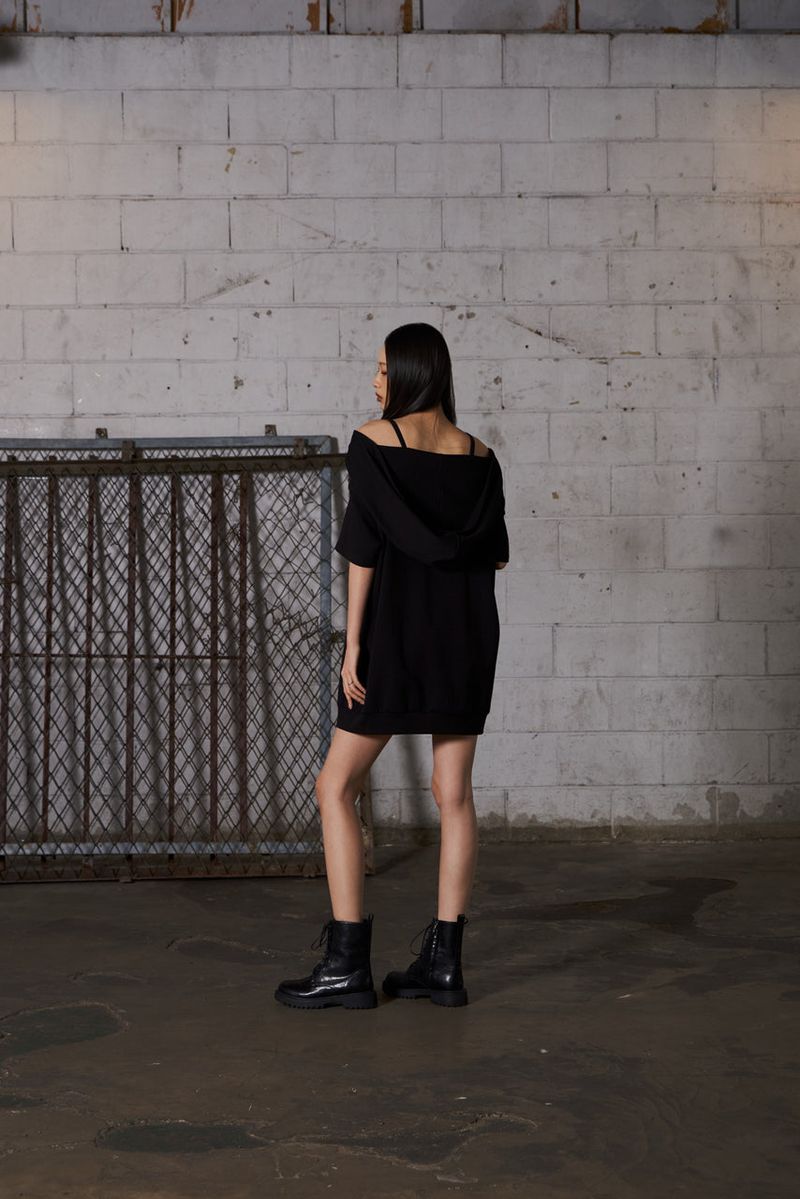 2Way Big Hood Off-Shoulder Mini Dress - Black