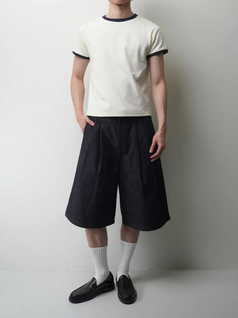 PT9 Pleated Cropped Raw Denim Shorts