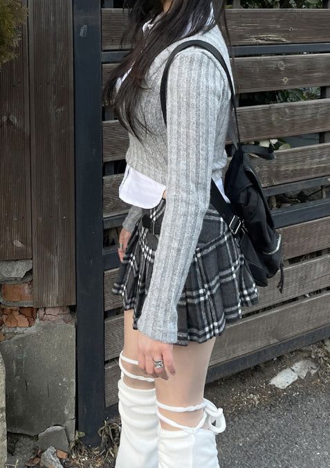 School Look Shirt Cardigan Layered Set