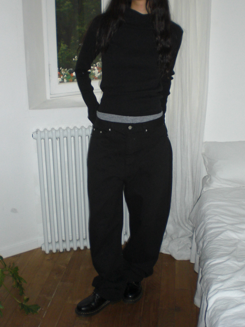 Curved wide cotton pants [Black]