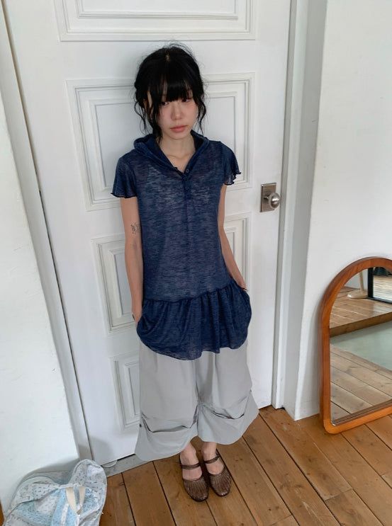 BAON（バオン）の「Vail Cap Sleeves Frill Shirring Layered Snap Hood One Piece（Dresses）」