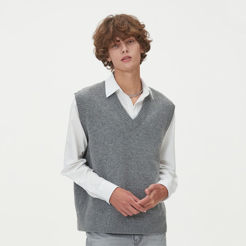 LAMBSWOOL V NECK KNIT VEST_GRAY