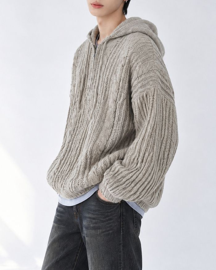 (UNISEX) Follow Half Zip Cable Knit Hoodie