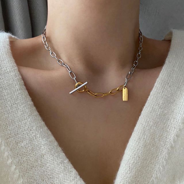lx Two Tone Toggle Bar Bold Chain Short Necklace