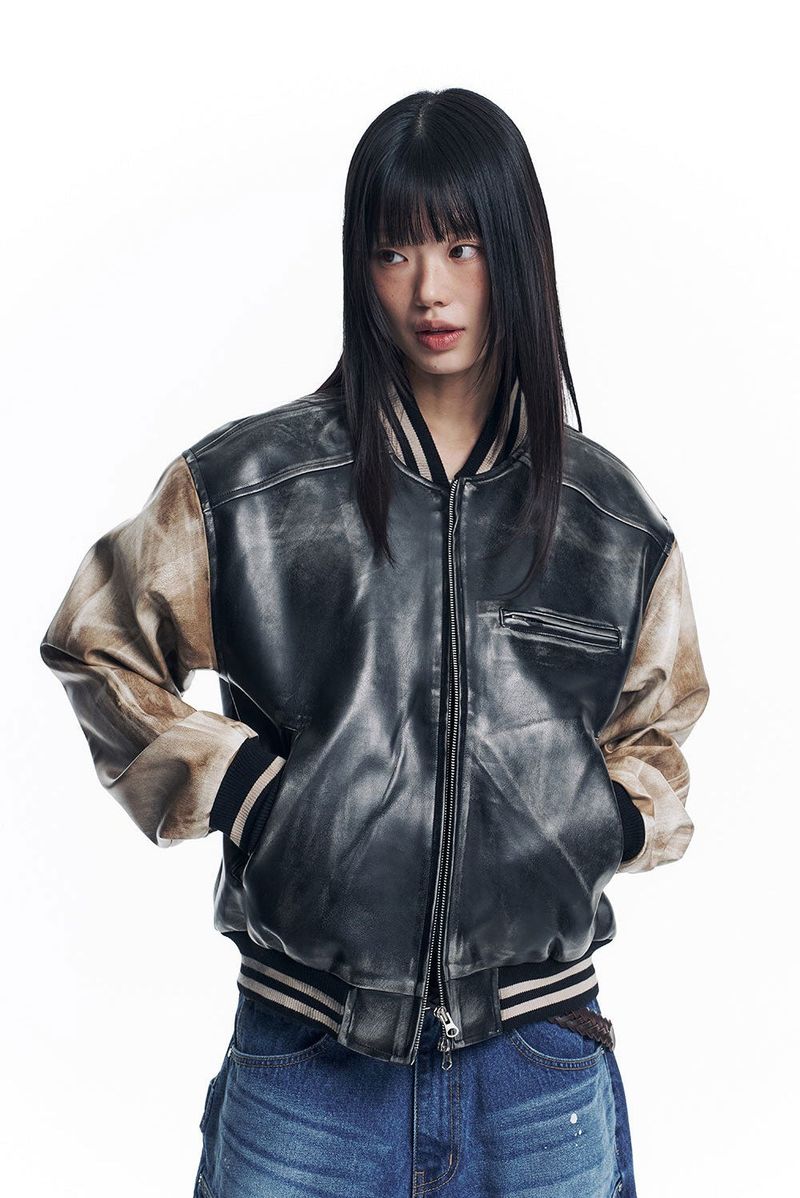 Dirty Washed Leather Varsity Jacket - Black
