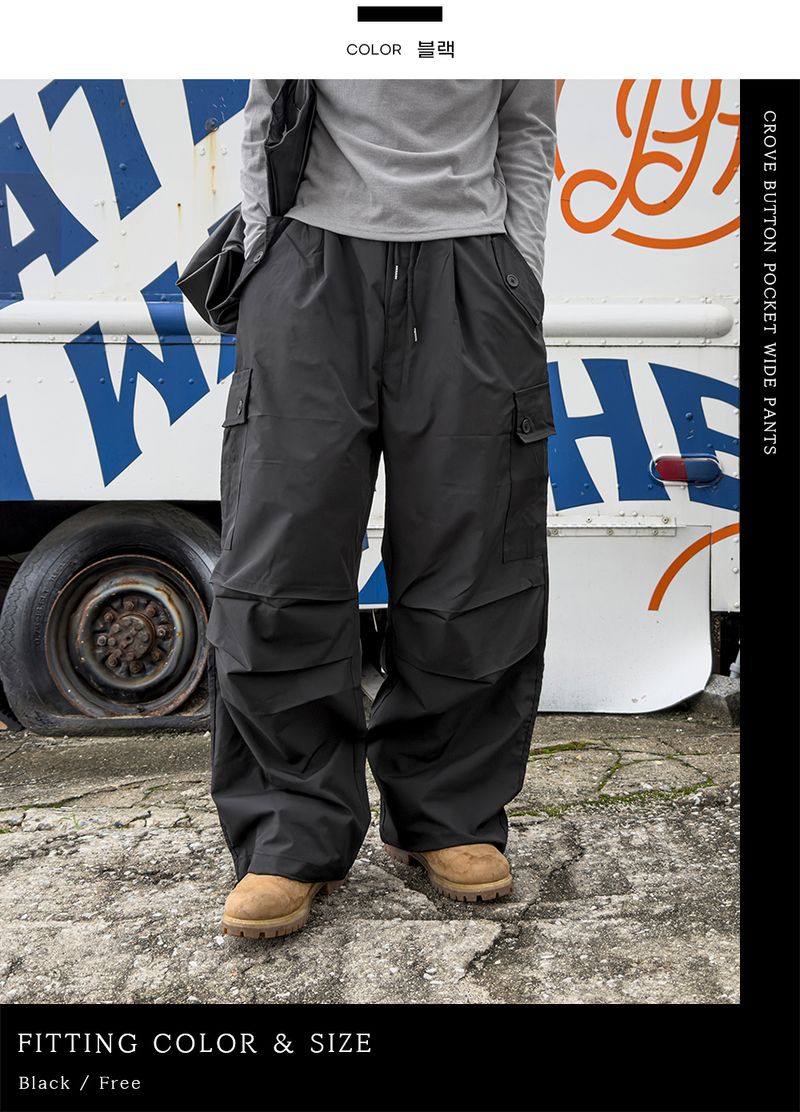 Cropped Button Pocket Wide Pants