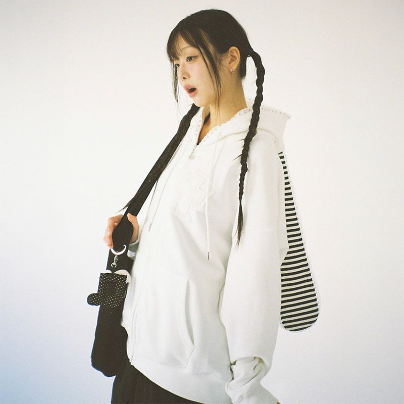 Cross Bunny Ear Zip-Up Hoodie - White