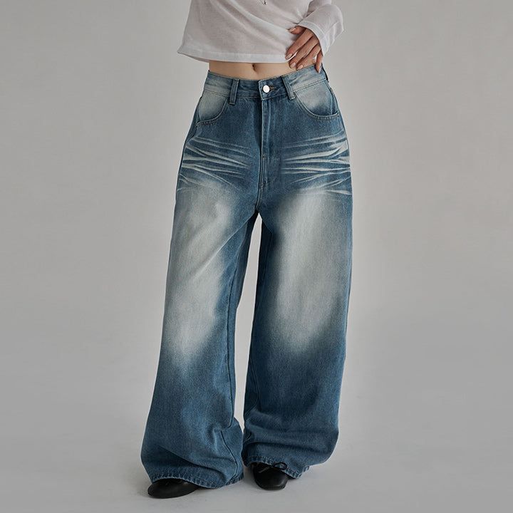 [Made/4 Sizes] Rinto Brush-Washed Wide Denim Pants - 3 Colors