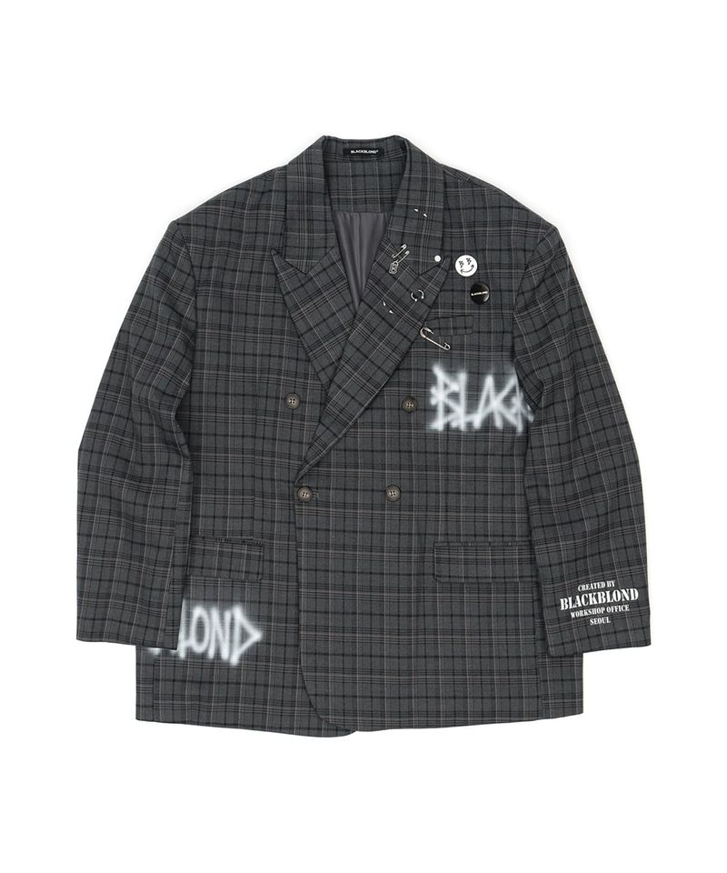 BBD Graffiti Logo Piercing Plaid Oversized Blazer (Charcoal)