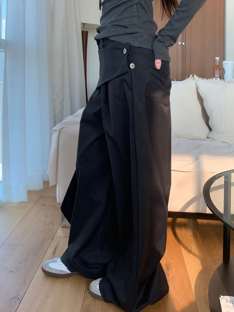 Close Pintuck Wrap Two Button High Waist Long Wide Pants