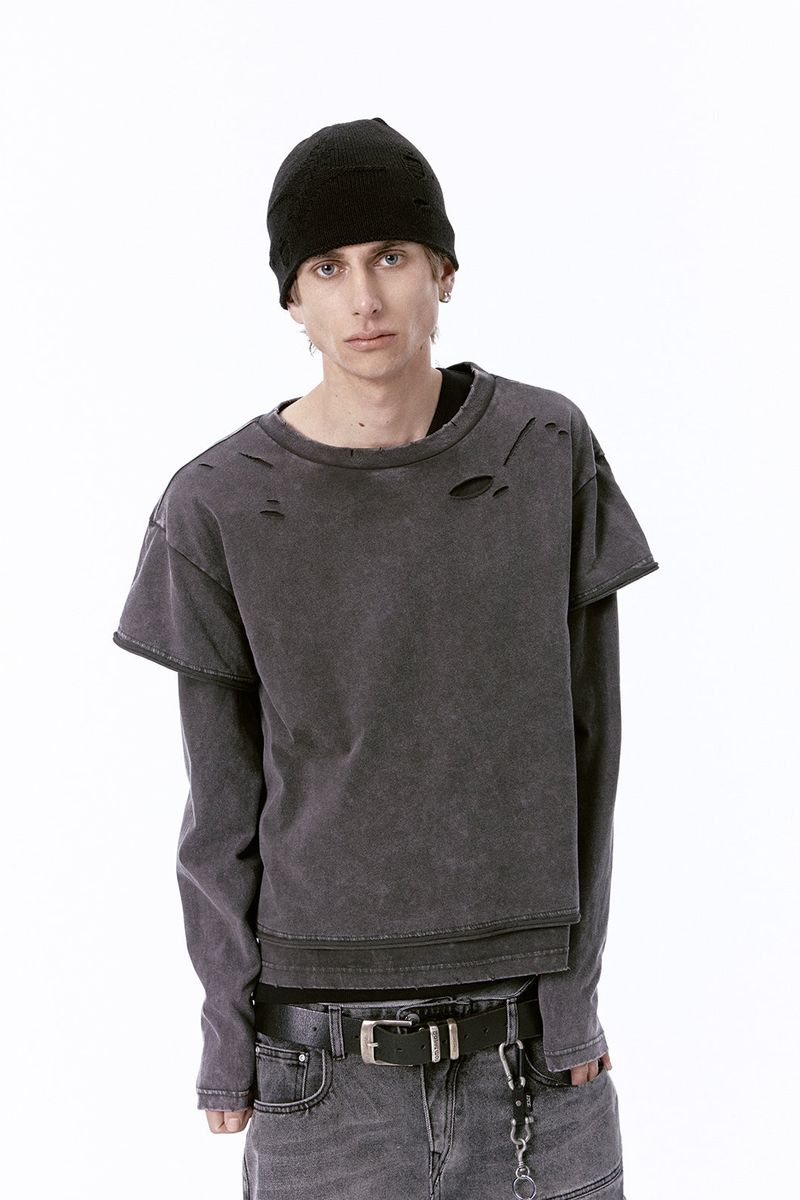 ETCE（イーティーシーイー）の「DAMAGE LAYERED L/S TEE (CHARCOAL)（Tops）」