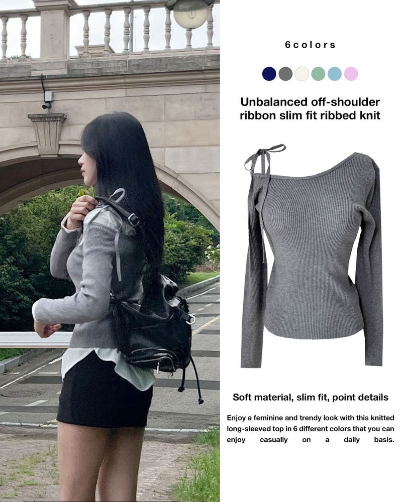 GUSTA（グスタ）の「Unbalanced off-shoulder ribbon slim fit ribbed long sleeve knit (6 colors)（Tops）」