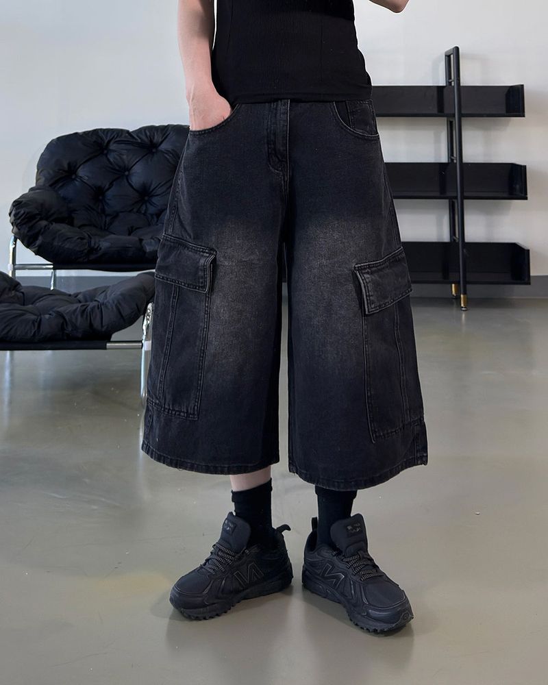 Kazen Washed Cargo Bermuda Denim Pants