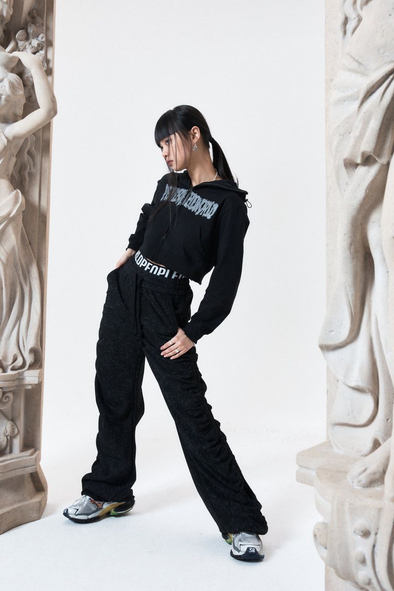shirring wide banded pants (BLACK)