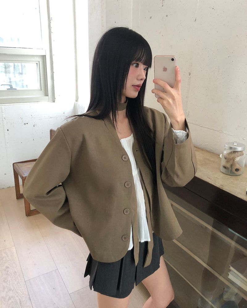 Teoleu V-neck button-down long-sleeved jacket