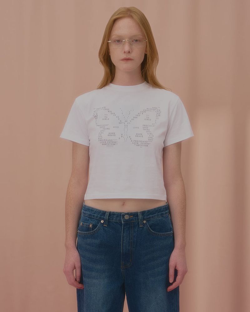 TEXT BUTTERFLY CROP TSHIRT-WHITE