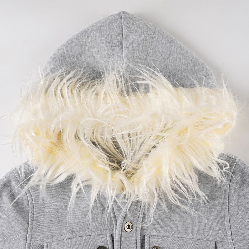 Fluffy Hood Button Jacket 233405412
