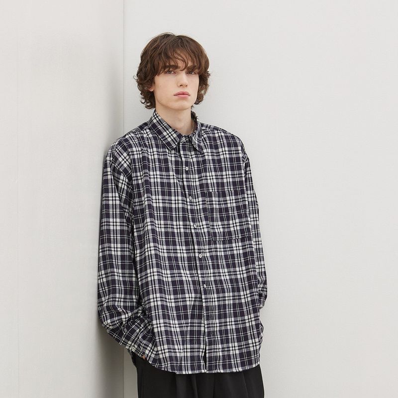 Wide Check Overfit Shirt (Navy)