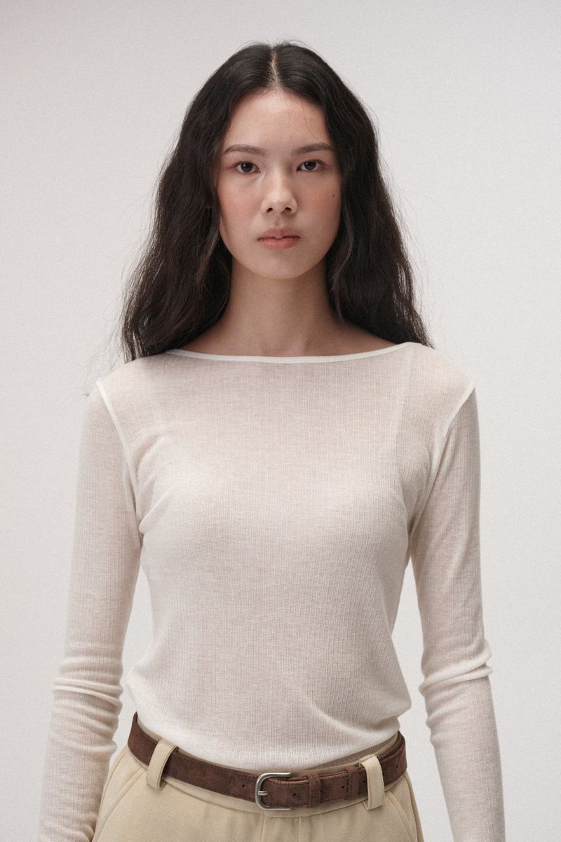 PLAT DU JOUR（プラドゥジュール）の「Wool boat neck T (Ivory)（Tops）」