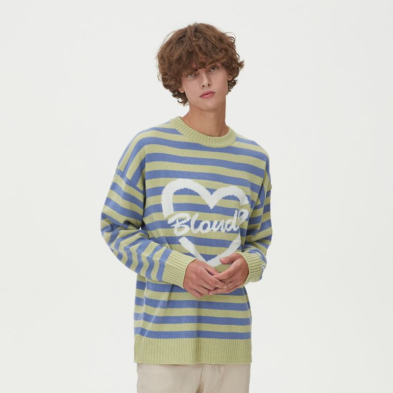 STRIPE HEART ROUND NECK KNIT_GREEN