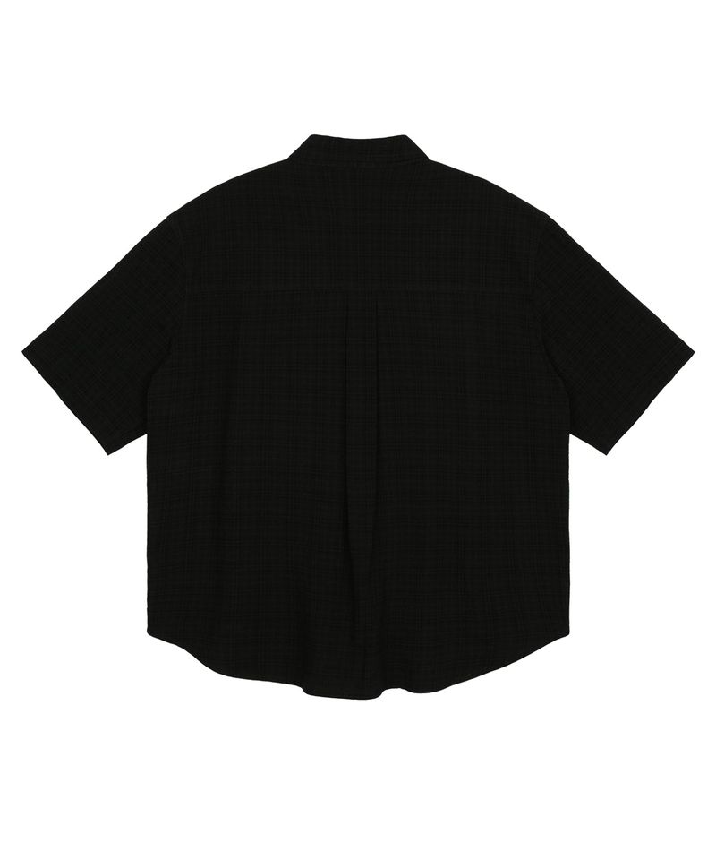 Texture Crop Roll-Up Check Short Sleeve Shirt - Black