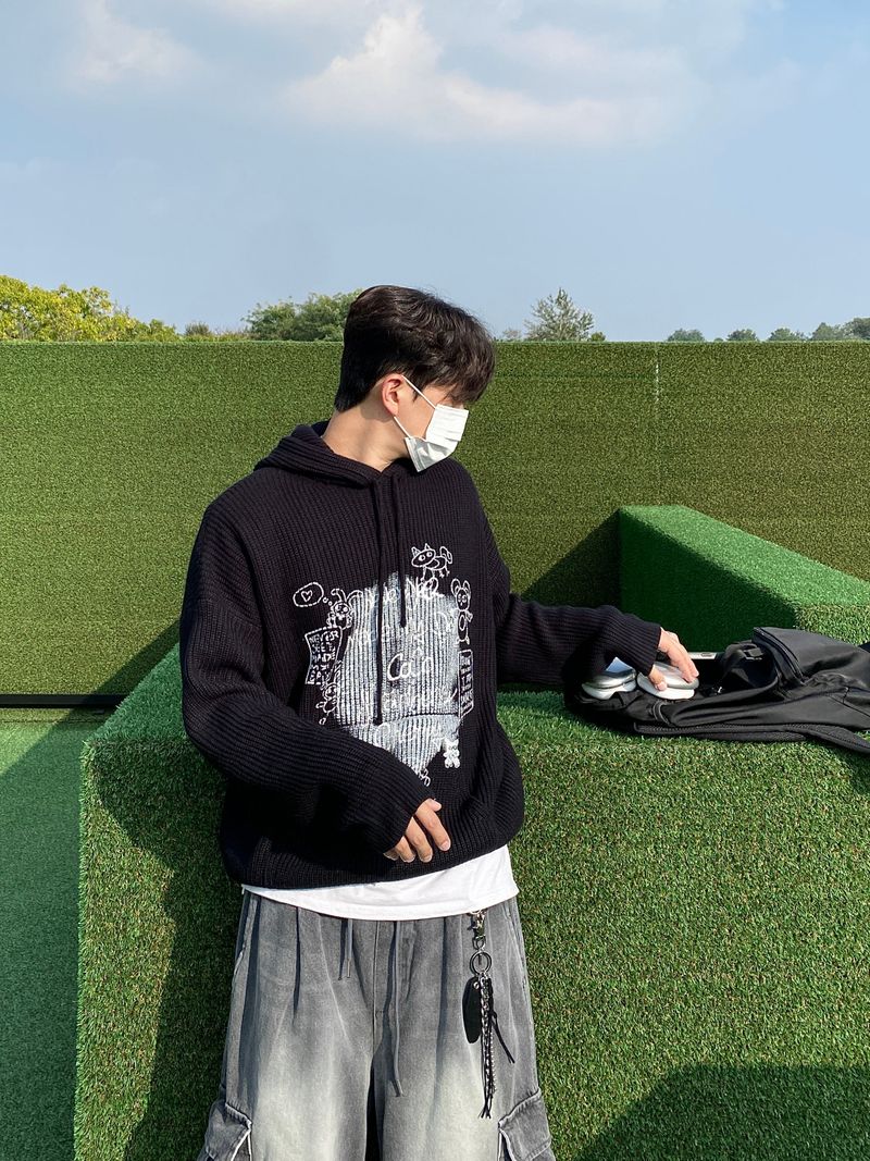 Bear Printing Hooded Knit (3color)