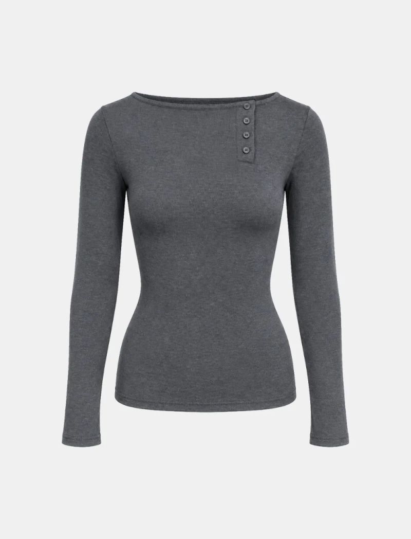 Ellie Henley-Neck Slim Long-Sleeve Top