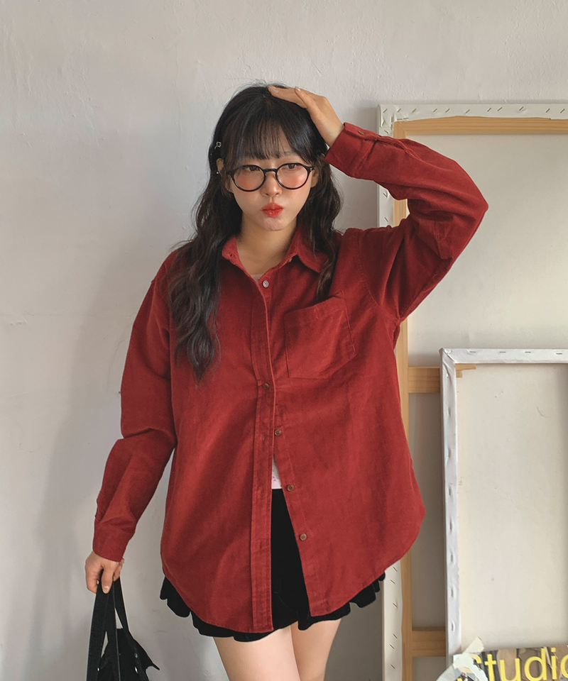Corduroy Collar Shirt Shirt Blouse Basic Item Cotton