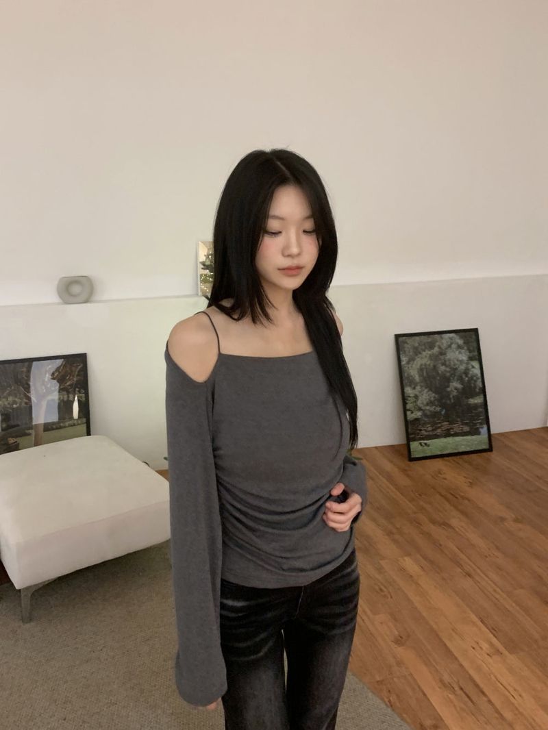 Jenn Muse Off-Shoulder Strap Drape Long Sleeve Top