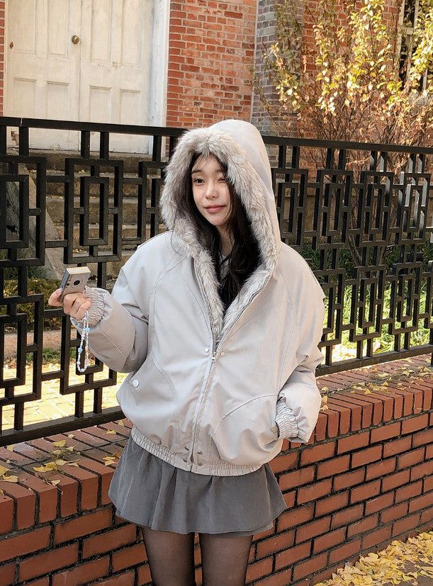 #Fur Hood Crop Zip-up Jumper (2color)